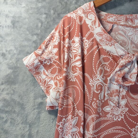 Diana Belle Womens XL Rust Red White Floral Bow Neck Blouse Boho Cottagecore - Picture 5 of 10